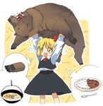  1girl animal bad_id bad_pixiv_id bear blonde_hair carrying carrying_overhead fang food hair_ribbon lift oekaki ribbon rumia solo spoon tonbi touhou yellow_eyes 