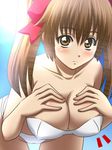  alicia_melchiott awa bent_over bikini blush breast_suppress breasts brown_eyes brown_hair day large_breasts long_hair senjou_no_valkyria senjou_no_valkyria_1 solo swimsuit twintails 