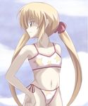  azumaya_hironaru bikini blonde_hair flat_chest green_eyes hand_on_hip hayate_no_gotoku! long_hair looking_back sanzen'in_nagi side-tie_bikini solo sports_bikini swimsuit twintails 