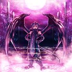  armpits asymmetrical_bangs bad_id bad_pixiv_id bangs bare_shoulders black_wings closed_mouth demon_wings facial_mark full_body full_moon gauntlets hands_on_hips highres horns looking_at_viewer magic moon original pillar pointy_ears purple purple_hair red_eyes rezi robe solo standing tabard tail wings 