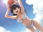  armpits arms_up azumanga_daiou ball beachball black_hair breasts cleavage closed_eyes cloud day happy leaning_forward long_hair medium_breasts midriff sky solo sun swimsuit takino_tomo third-party_edit wet 