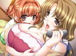  breast_grab breasts brown_hair cleavage doki_doki_oyako_lesson fang game_cg grabbing hug huge_breasts jewelry kumagai_aki kumagai_arisa long_hair mother_and_daughter multiple_girls open_mouth orange_hair phone pink_eyes ring short_hair sumeragi_kohaku 