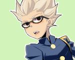  1boy bantrain blonde_hair blush glasses gouenji_shuuya inazuma_eleven inazuma_eleven_(series) male male_focus short_hair simple_background solo togatsuko 