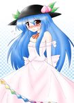  bad_id bad_pixiv_id blue_eyes blush dress elbow_gloves food fruit gloves hat hinanawi_tenshi long_hair peach red_eyes ribbon ryutotoranoikkiuchi solo touhou wedding_dress 