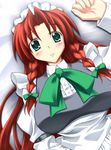  bad_id bad_pixiv_id blush braid cosplay green_eyes hair_ribbon hong_meiling izayoi_sakuya izayoi_sakuya_(cosplay) long_hair lozelia lying maid red_hair ribbon solo touhou twin_braids 