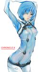  arms_up ayanami_rei blue_hair breasts covered_nipples cowboy_shot hair_over_one_eye highres kiyohisa medium_breasts neon_genesis_evangelion pale_skin plugsuit rebuild_of_evangelion red_eyes short_hair solo stretch test_plugsuit 