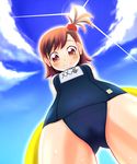  blush brown_eyes brown_hair cloud day from_below futami_mami hair_bobbles hair_ornament idolmaster idolmaster_(classic) innertube looking_down npon515 one-piece_swimsuit school_swimsuit short_hair side_ponytail sky solo swimsuit 
