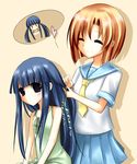  bangs blue_hair blunt_bangs brown_hair dress furude_rika green_dress hair_ribbon hairdressing higurashi_no_naku_koro_ni imagining long_hair multiple_girls ribbon ryuuguu_rena school_uniform seleca serafuku short_hair sundress twintails 