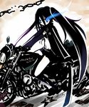  absurdres belt bikini_top black_hair black_rock_shooter black_rock_shooter_(character) blue_eyes blush boots burning_eye chain eatbara front-tie_top gloves ground_vehicle highres jacket katana knee_boots long_hair midriff motor_vehicle motorcycle pale_skin scar short_shorts shorts solo star stitches sword twintails uneven_twintails very_long_hair weapon 
