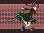  animal_ears argyle argyle_background bad_id bad_pixiv_id braid cat_ears cat_tail hair_ribbon kaenbyou_rin letterboxed looking_back mimika_(puetilun) multiple_tails open_mouth red_eyes red_hair ribbon running short_hair smile solo tail touhou twin_braids twintails 