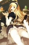  ahoge anna_(gekkou_no_carnevale) apron ass blonde_hair gekkou_no_carnevale highres long_hair maid oosaki_shin'ya open_mouth panties pantyshot solo thighhighs tray underwear waitress 