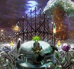  androgynous animal bad_id bad_pixiv_id bat chibi_(shimon) christmas copyright_request fantasy flower glasses green_eyes green_hair halloween moon nature necktie night rose sitting snow solo tree treehouse 