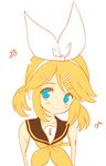  alternate_hairstyle bad_id bad_pixiv_id blonde_hair blue_eyes flat_color hair_ornament hair_ribbon hairclip headphones kagamine_rin musical_note omurice-san_(haruko) ribbon sailor_collar short_hair simple_background smile solo twintails vocaloid 