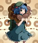  backpack bad_id bad_pixiv_id bag blue_hair doughnut food green_eyes hair_bobbles hair_ornament hat kawashiro_nitori key one_eye_closed pun2 short_hair solo touhou twintails two_side_up 