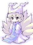  blonde_hair blush dress fox_tail frilled_dress frills hat long_sleeves meta'36 multiple_tails oversized_clothes pillow_hat short_hair sleeves_past_wrists solo tabard tail tassel touhou white_background wide_sleeves yakumo_ran yellow_eyes younger 