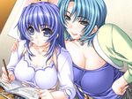  blue_eyes blue_hair blush book breast_press breasts choker cleavage curvy doki_doki_oyako_lesson dutch_angle game_cg glasses hand_on_hip hug huge_breasts jewelry large_breasts lipstick long_hair makeup mature mother_and_daughter multiple_girls ring satou_maya satou_nami short_hair smile studying sumeragi_kohaku 