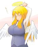  angel angel_wings arms_behind_head arms_up blonde_hair breasts closed_eyes copyright_request halo huge_breasts irony-san long_hair solo wings 