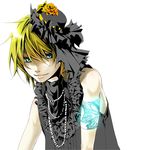  beads blonde_hair blue_eyes crossdressing flower frills hair_ribbon hat hat_flower imitation_black_(vocaloid) kagamine_len male_focus mini_hat mini_top_hat orange_flower orange_rose ribbon rose simon_(sakurai13) simple_background smile solo top_hat vocaloid 