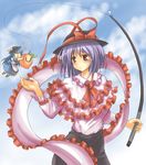  bad_id bad_pixiv_id blue_hair chibi fishing_hook fishing_line fishing_rod food fruit hat heart hinanawi_tenshi hino_ryuu long_hair minigirl multiple_girls nagae_iku peach purple_hair red_eyes shawl short_hair sweatdrop touhou 