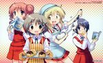  aki_eda apron bandana black_hair blonde_hair blue_eyes book bowl brown_eyes brown_hair cream cream_puff food glasses hidamari_sketch highres hiro long_hair miyako multiple_girls non-web_source oven_mitts pastry sae school_uniform short_hair whisk yellow_eyes yuno 