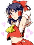  armpits arms_behind_head arms_up batako_(artist) black_hair bow detached_sleeves hakurei_reimu heart midriff navel sarashi short_hair solo touhou 