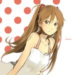  &gt;:( bad_id bad_pixiv_id bangs bare_shoulders brown_eyes brown_hair casual character_name collarbone dress evangelion:_2.0_you_can_(not)_advance frown long_hair neon_genesis_evangelion polka_dot polka_dot_background rebuild_of_evangelion shikinami_asuka_langley solo souryuu_asuka_langley traditional_media two_side_up white_dress yoshito 