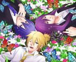  aqua_eyes bad_id bad_pixiv_id blonde_hair blue_eyes blue_hair bug butterfly flower formal fujiwara insect kagamine_len kaito kamui_gakupo long_hair lying male_focus multiple_boys necktie on_back one_eye_closed purple_eyes purple_hair smile suit vocaloid 