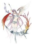  armpits ashi bare_shoulders hand_behind_head jewelry lavender_hair long_hair midriff navel necklace original scythe shorts simple_background solo thighhighs very_long_hair white_background wings 