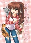 brown_eyes brown_hair cat denim french jeans little_busters! long_hair mutsuki_masato natsume_rin one_eye_closed pants ponytail solo 