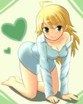  ahoge all_fours bad_id bad_pixiv_id barefoot blonde_hair bottomless breasts cleavage green_eyes heart hoshii_miki idolmaster idolmaster_(classic) large_breasts long_hair smile solar_kaichuudentou solo 