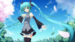  any_(trueblue) bad_id bad_pixiv_id detached_sleeves green_eyes green_hair hatsune_miku headset highres long_hair necktie petals skirt solo thighhighs twintails very_long_hair vocaloid wind zettai_ryouiki 