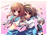  asahina_mikuru bad_id bad_pixiv_id book brown_eyes brown_hair kita_high_school_uniform kosuzume long_hair multiple_girls nagato_yuki school_uniform serafuku short_hair silver_hair suzumiya_haruhi suzumiya_haruhi_no_yuuutsu undressing 