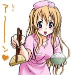  blonde_hair blue_eyes bowl chopsticks food k-on! kotobuki_tsumugi long_hair lowres nurse oekaki peter_(gvb) rice rice_bowl solo takuan 