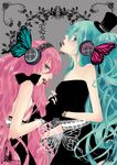  air_0 bad_id bad_pixiv_id blue_eyes butterfly_wings green_eyes green_hair hat hatsune_miku headphones highres holding_hands long_hair magnet_(vocaloid) megurine_luka multiple_girls pink_hair very_long_hair vocaloid wings yuri 