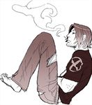  1boy bantrain barefoot cigarette facial_hair feet gambit male male_focus marvel monochrome simple_background smoking solo stubble togatsuko torn_clothes x-men 