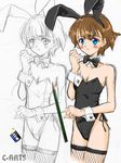  animal_ears blue_eyes brown_hair bunny_ears bunnysuit eraser fishnet_legwear fishnets maguta original pencil short_hair sketch thighhighs tombow_mono wooden_pencil 