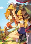  animal_ears armpits bandages bandaid boxing_gloves brown_hair bruise cat_ears caution_tape copyright_request fingerless_gloves gloves green_eyes injury keep_out mouse one_knee short_hair shorts solo squatting tiru whistle 