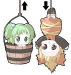  blonde_hair blush_stickers bow bucket chibi directional_arrow green_eyes green_hair hair_bobbles hair_bow hair_ornament hanging in_bucket in_container kisume kurodani_yamame meta'36 multiple_girls open_mouth short_hair touhou twintails upside-down wooden_bucket 