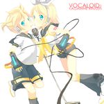  1girl bad_id bad_pixiv_id blonde_hair blue_eyes brother_and_sister eka_eri hair_ornament hair_ribbon hairclip headphones headset kagamine_len kagamine_rin microphone microphone_stand necktie ribbon sailor_collar short_hair shorts siblings twins vocaloid yellow_neckwear 