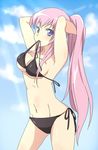  adjusting_hair armpits arms_up bad_id bad_pixiv_id bikini bikini_in_mouth blue_eyes breasts cleavage day long_hair maruki_(punchiki) medium_breasts megurine_luka mouth_hold pink_hair ponytail side-tie_bikini solo swimsuit underboob vocaloid 