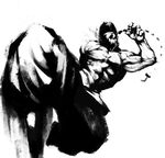  baggy_pants cozy greyscale hat kicking male_focus monochrome muscle pants ponytail solo street_fighter street_fighter_iii_(series) yun_lee 