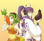  1girl bad_id bad_pixiv_id belt carrot dorei_k eggplant fan goggles green_hair gumi headphones headset kamui_gakupo long_hair midriff ponytail purple_eyes purple_hair short_hair smile vocaloid wing_collar wrist_cuffs yellow_eyes 