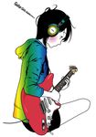  bad_id bad_pixiv_id black_eyes black_hair blush guitar headphones hood hood_down hoodie instrument kasuya_nagato looking_down messy_hair original profile rainbow short_hair shorts sitting solo thighs 