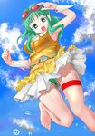  :d armpits bad_id bad_pixiv_id barefoot belt blue_eyes cloud day from_below goggles green_hair gumi headphones headset long_hair looking_down open_mouth panties skirt sky smile solo sota underwear vocaloid wrist_cuffs 