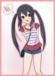  bag between_breasts black_hair blush border breasts brown_eyes casual denim denim_shorts face handbag ikari_manatsu k-on! long_hair nakano_azusa shorts sidelocks solo spoken_blush strap_cleavage striped twintails 