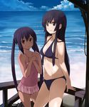  :o akiyama_mio arm_support bangs beach bikini black_bikini black_hair blunt_bangs casual_one-piece_swimsuit covered_navel day frilled_swimsuit frills grin hime_cut imo_works k-on! long_hair multiple_girls nakano_azusa navel ocean one-piece_swimsuit outdoors pink_swimsuit railing smile swimsuit tan twintails water 