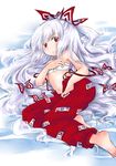  bangs barefoot bow feet fujiwara_no_mokou hair_bow hair_ribbon long_hair lying ogakuru red_eyes ribbon sarashi silver_hair solo touhou 