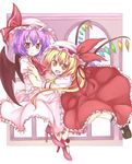  bad_id bad_pixiv_id bat_wings blonde_hair flandre_scarlet hat multiple_girls nidoro one_side_up ponytail purple_hair red_eyes short_hair siblings sisters touhou wings wrist_cuffs 