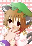  akagiakemi animal_ears brown_hair cat_ears cat_tail chen earrings finger_licking hat jewelry licking multiple_tails red_eyes short_hair solo_focus tail touhou yakumo_ran 