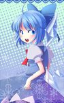  ahoge bad_id bad_pixiv_id blue_eyes blue_hair bow cirno colored_eyelashes hair_bow halftone halftone_background looking_back mimika_(puetilun) short_hair snowflakes solo touhou wings 